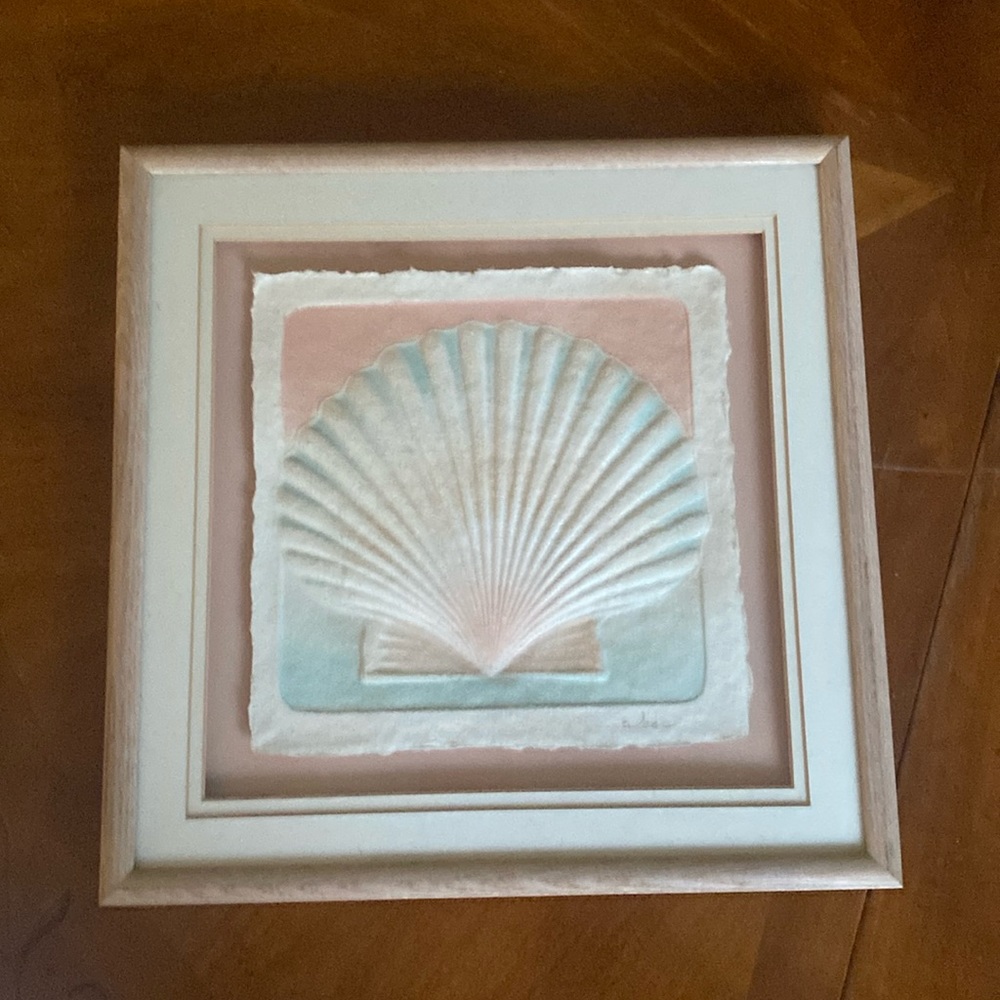 Wall Art Pastel Shell 13” x 13” x 1.5”. Heavy wood frame, great craftsmanship
